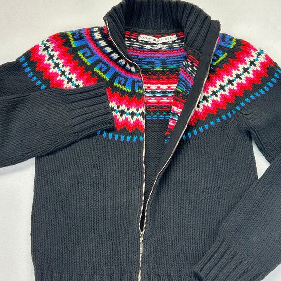 Vtg Tommy Hilfiger Womens M Fair Isle Sweater Cardigan Black Full Zip Cotton Bln - Picture 3 of 16
